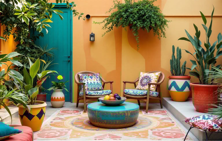 boho garden with a patio with a colorful patio furniture
