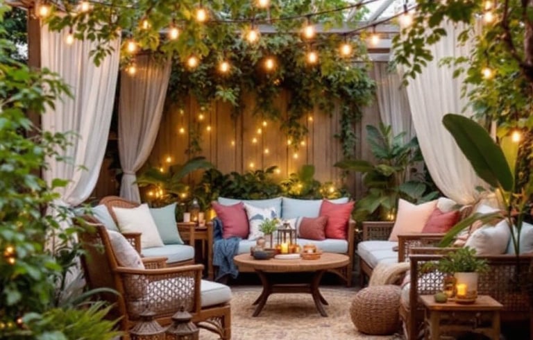 a boho garden patio with a couch and a table with candles