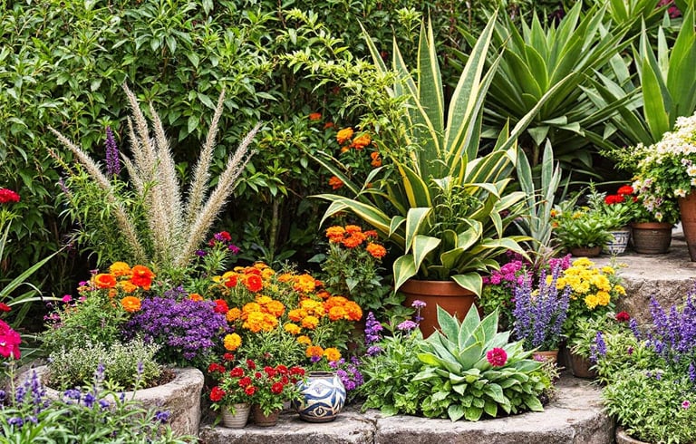 a boho garden with potted plants and potted plants