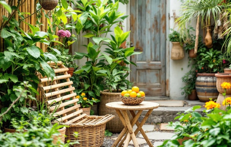 boho garden with a table with a basket of oranges and a basket of oranges