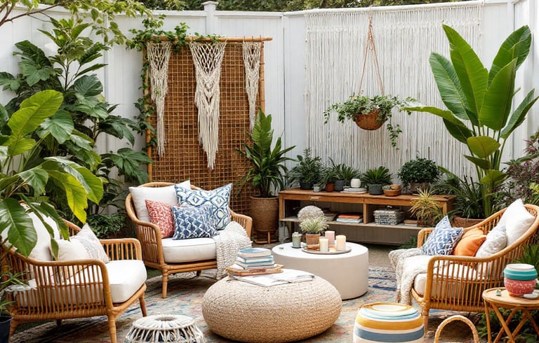 a boho garden patio with a rug wicker furniture