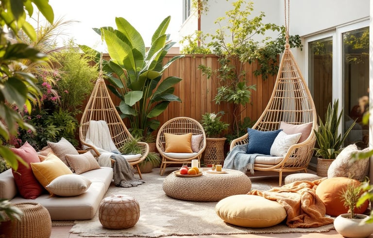 a boho garden with a wicker chair and a table