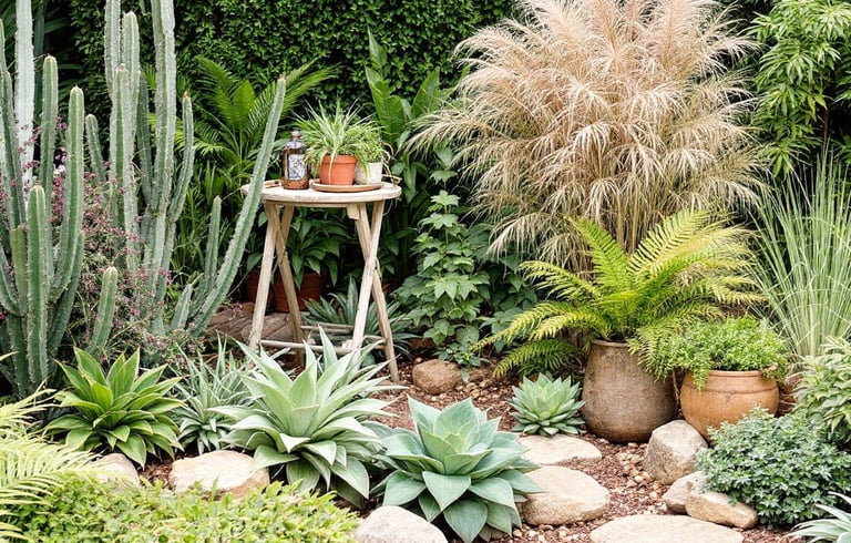 boho garden with succulant plants