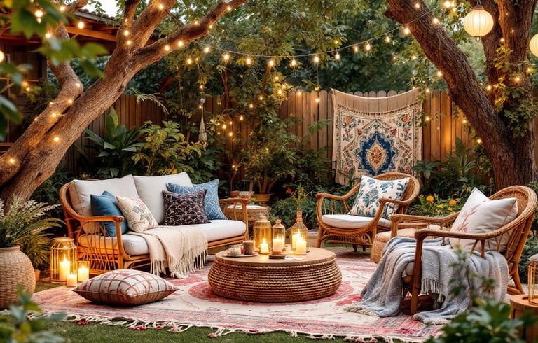 a patio with a rug in a boho garden with string lighting