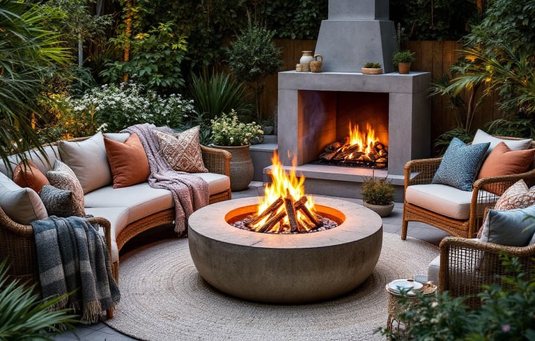 a fire pit with a fire pit in the middle of a patio