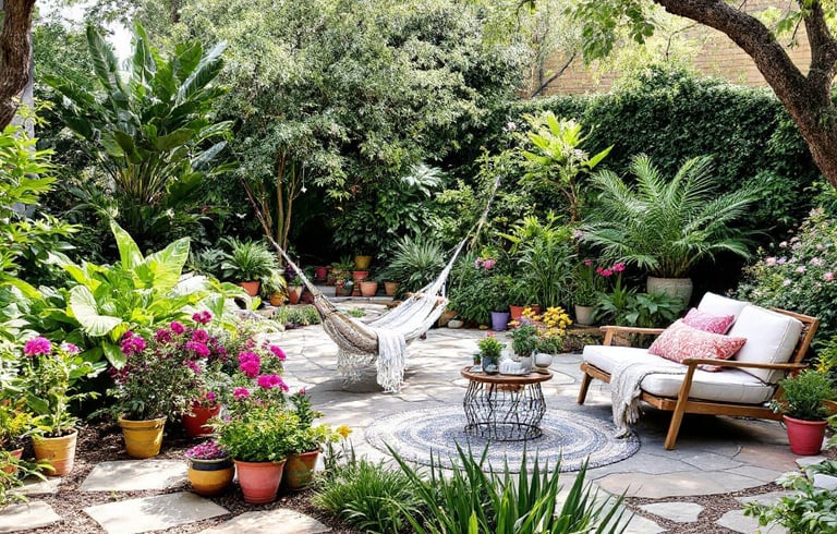 boho patio garden with colorful plants and a hammick