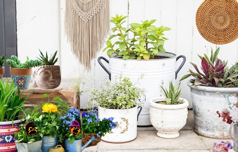 a bunch of potted plants in pots on a porch with boho decor