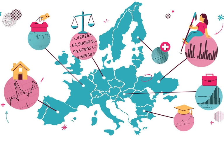 a map of Europe with symbols of statistics, work, house, voting, law, disability