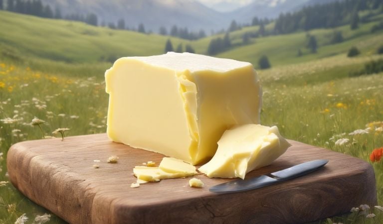 une grosse motte de beurre devant un paysage bucolique
