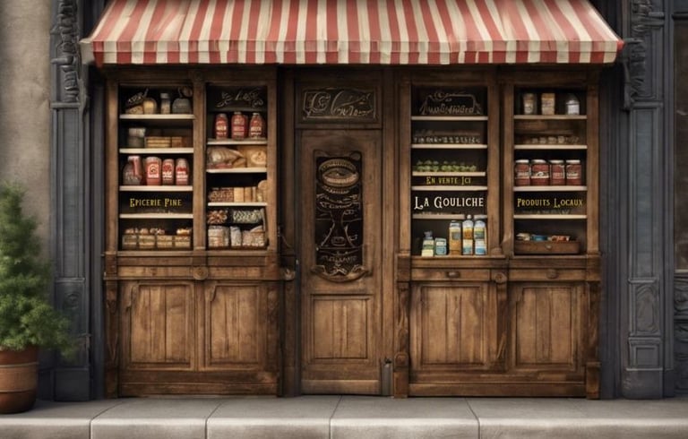 une vielle devanture de magasin avec un auvent rayé