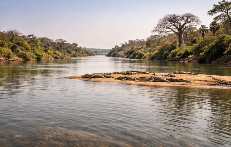 Krokodillen in Niokolo-Koba langs Gambia-rivier