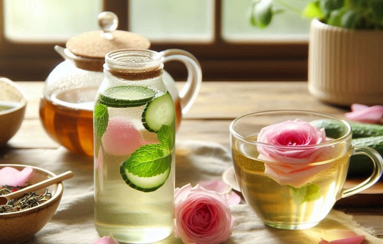 cucumber and mint mixed in glass jar, with a floral tea