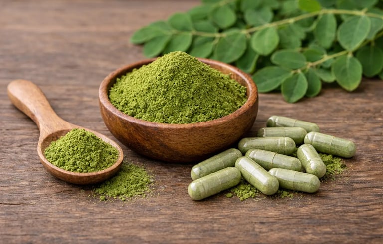 Pó de moringa orgânico em uma tigela e colher de madeira ao lado de cápsulas de suplemento alimentar