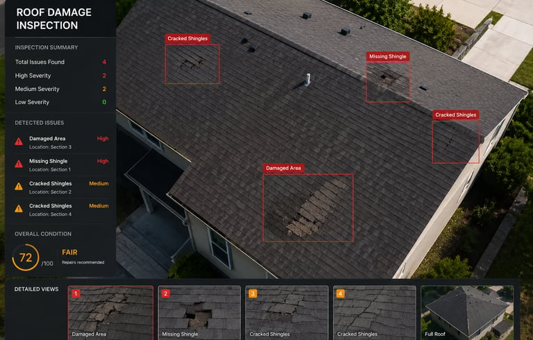 AI roof damage assessment showing damaged and missing shingles