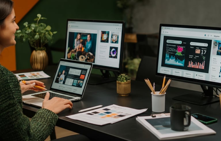 Verve Phoenix digital marketing team creating social media campaigns and analyzing metrics in a modern gold and black studio.