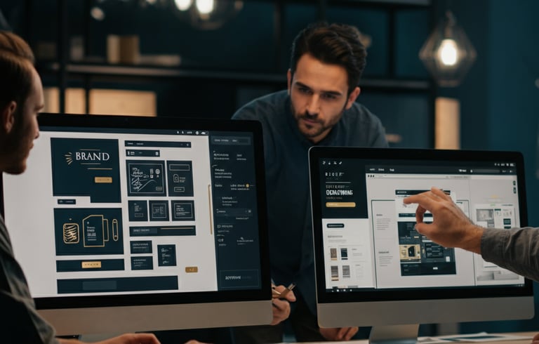 Verve Phoenix branding team working on website prototypes and brand identity elements in a modern design workspace.
