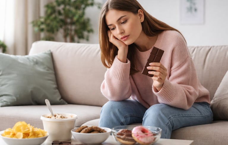 Mulher sentada no sofá, segurando chocolate e cercada por lanches, representando comer por emoção e 