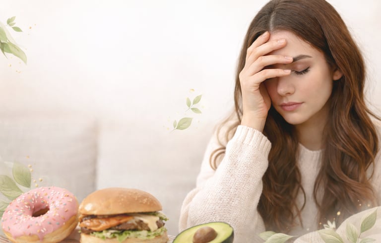 Mulher sentada com expressão de culpa e desconforto ao comer, com hambúrguer, donut e abacate à fren