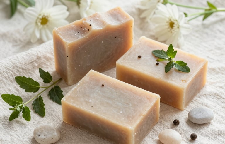 Close-up of handcrafted soaps with natural textures and subtle earthy tones.
