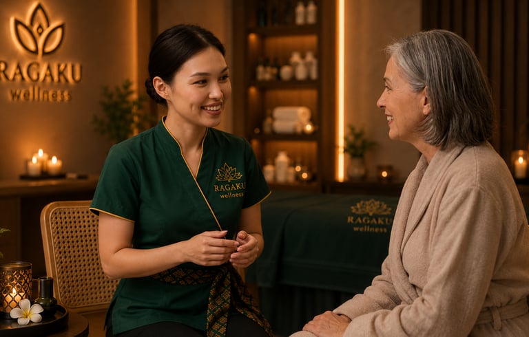 A smiling wellness therapist at Ragaku Wellness consulting with a client in a luxury spa setting.