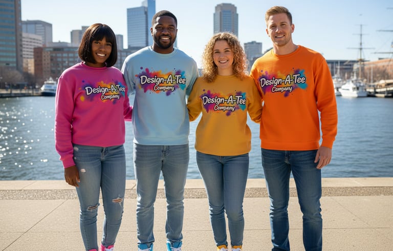 A group of friends wearing pink, baby blue, golden yellow & orange sweatshirts by the Inner Harbor