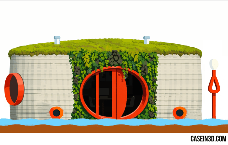 Eco-friendly 3D-printed house in Czech Republic with green roof and red circular entrance
