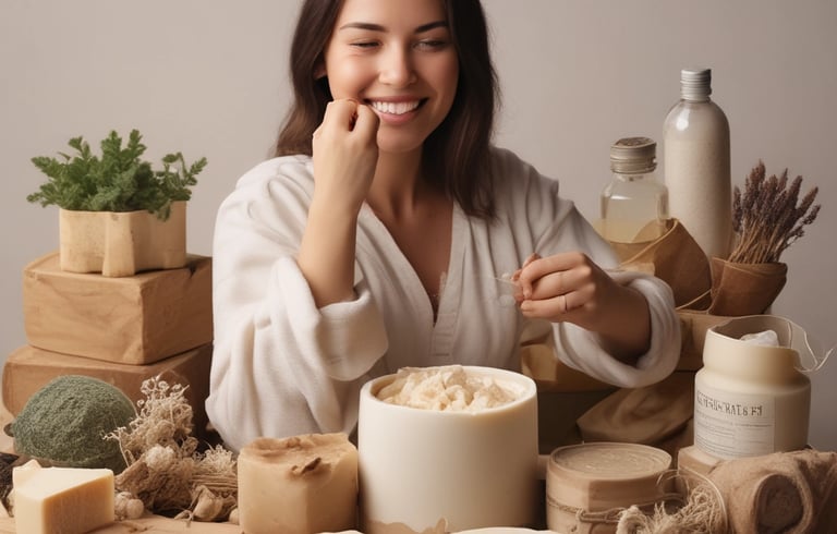 A hand is applying a substance, likely a body balm, on the back of the other hand. There are two small jars near the hand, labeled "Ginger Honey Hemp Body Balm." The background is simple and there are decorative elements like green moss-like spheres and small flowers on the surface. The person is wearing a bracelet with colorful beads.