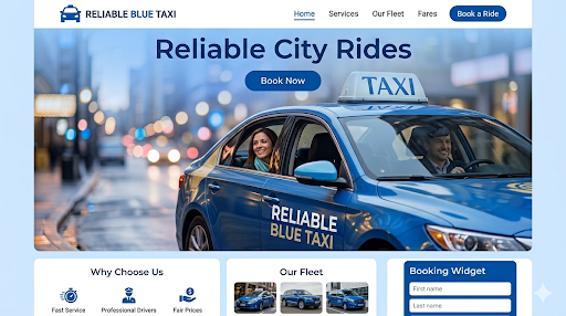 Reliable blue taxi service website showing a passenger in a blue cab with a booking widget.