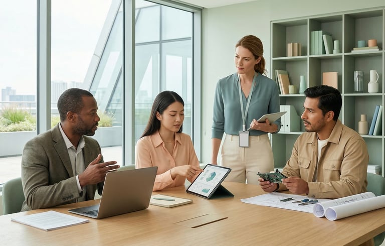 Diverse professionals from different industries collaborating in a modern workplace