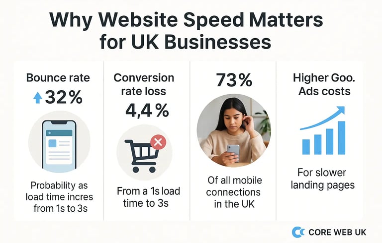 Infographic showing why website speed matters for UK businesses, including bounce rate, conversion l