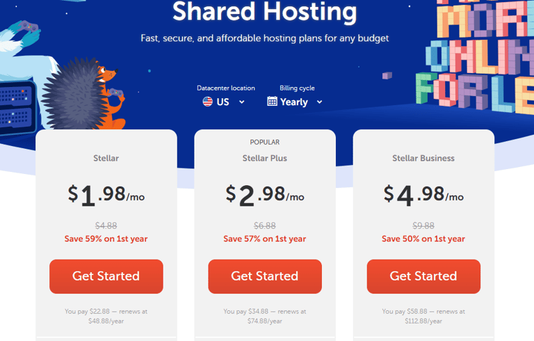 The Namecheap shared hosting page, showing the affordable Stellar plans perfect for beginners.