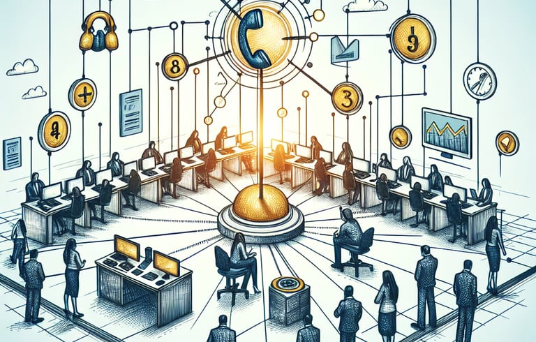 a group of people standing around a table with a clock