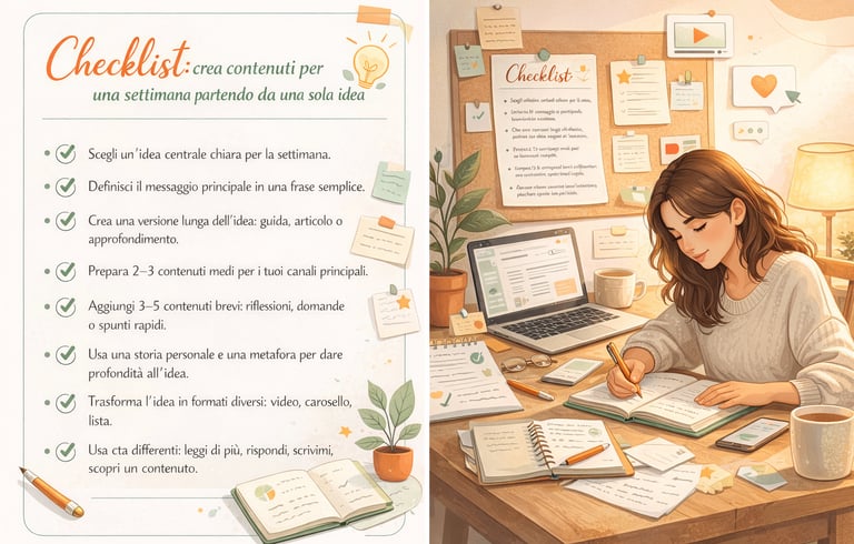“Checklist illustrata per organizzare i contenuti della settimana, affiancata da una donna che scriv