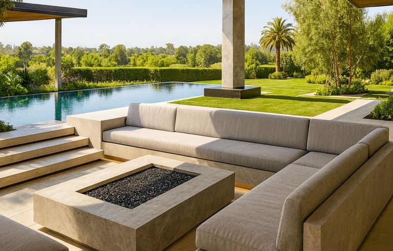Modern gray sectional by Solo Home Decor with concrete firepit beside a luxury infinity pool and lush green backyard.
