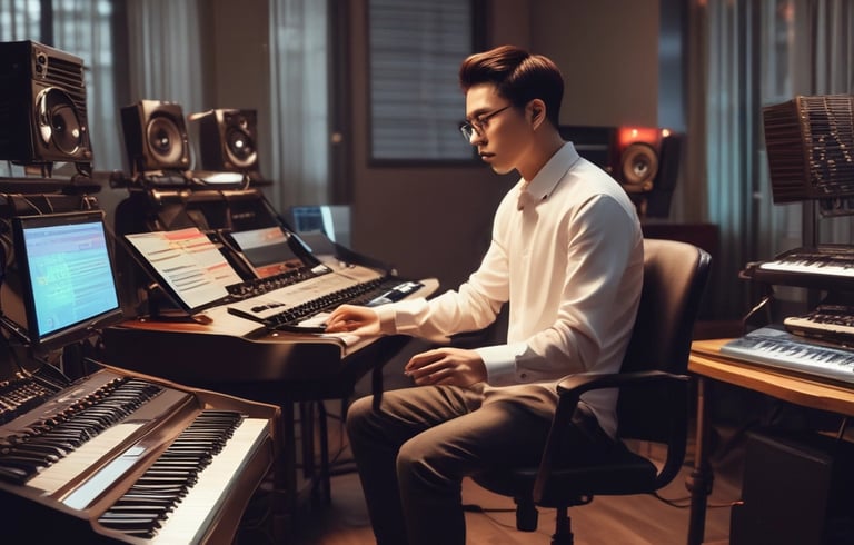 A professional artist working on their music at a studio.