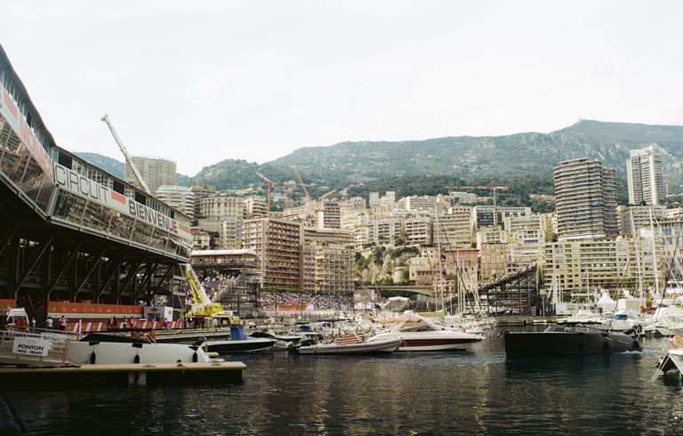 a harborfront of a city with a bridge over the water