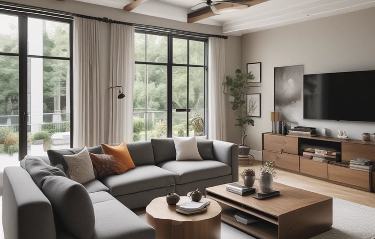 A skilled worker renovating a modern living room with fresh paint and new flooring.