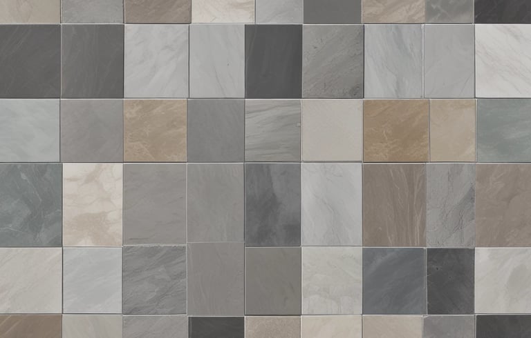 A collection of colorful sink samples arranged on a wooden table.