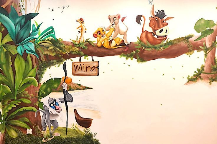 een muurschildering van de Disney film The Lion King voor een babykamer en kinderkamer in België