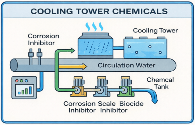 Cooling tower water treatment chemicals and monitoring system