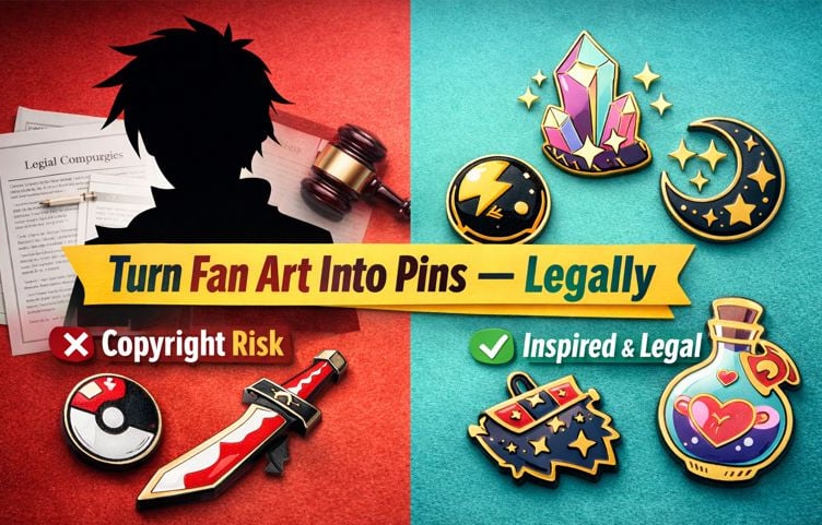 Comparison of fan art and legal inspired-by enamel pin designs