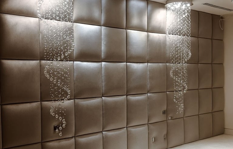Luxurious padded wall panels with spiral crystal lighting, creating a modern, elegant interior design by Solo Home Decor.