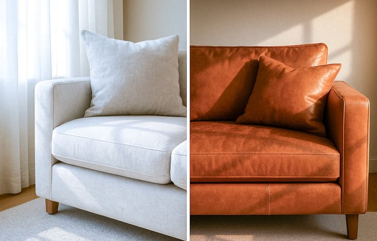 Close-up of linen bench sofa in sunlight vs. leather love seat with warm, moody light highlighting visual weight and texture.