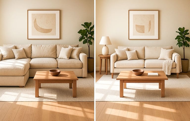 Side-by-side rooms showing oversized sectional vs. properly scaled custom couch with appropriate space around walkways.