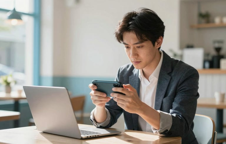 A focused professional in a sun-drenched North American cafe, dressed in modern business casual attire, using a high-end smartphone to consume microlearning modules. The atmosphere is bright and energetic, with soft bokeh highlighting a clean, white and bright blue interior aesthetic.