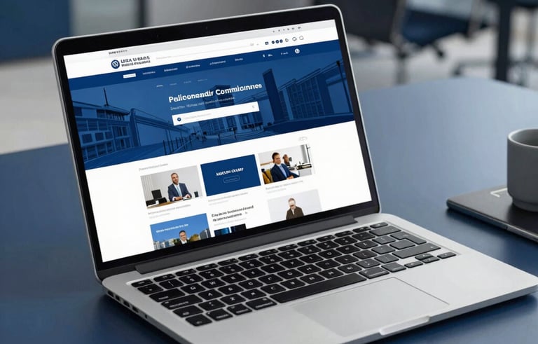 A close-up of a designer's desk in a modern UAE office, featuring a sleek silver laptop displaying a clean blue and white corporate website layout. A high-end workspace with deep blue and soft grey tones, professional lighting.