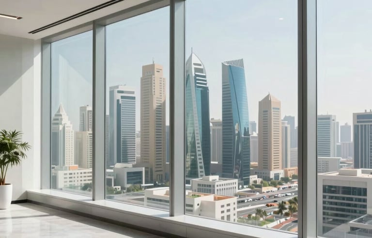 Professional photography of a high-tech corporate office in the Middle Eastern Gulf region. Large glass windows showing a bright city skyline, with soft blue and white accents in the modern interior design. Natural daylight, high-end professional atmosphere.
