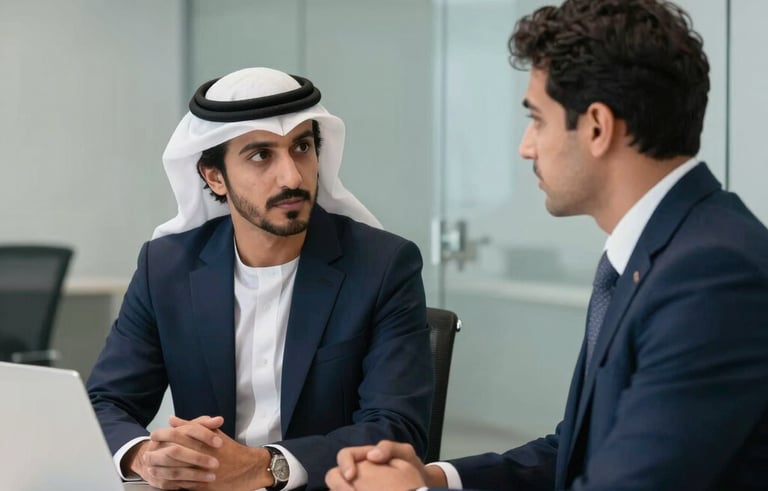 A professional business consultation taking place in a glass-walled meeting room in Ras Al Khaimah. Two professionals are collaborating, with a focus on trustworthy and expert engagement. Colors of navy blue and crisp white dominate the scene.