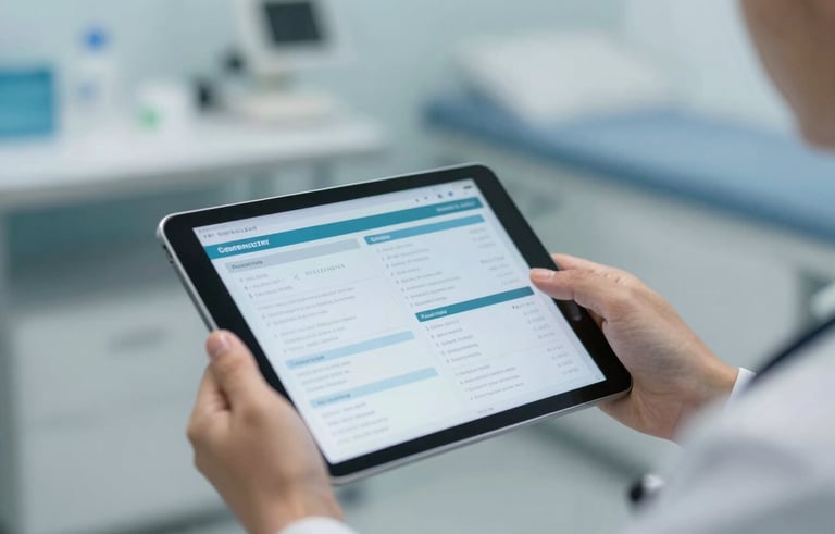 Close-up of a healthcare provider's hands holding a digital tablet displaying health data, set against the backdrop of a soft blue-gray and white medical office in the United States. The shot conveys innovation and professional care.