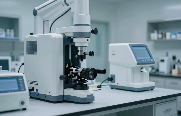 A high-tech diagnostic laboratory environment in a North American medical facility. Modern equipment is visible on clean white surfaces, with subtle soft blue-gray accents, representing cutting-edge medical practices and precision.